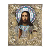 A Russian icon showing Christ Pantokrator with silver-gilt oklad and cloisonn&eacute; enamel halo, 19th century (icon), St. Petersburg, 1857 (oklad)