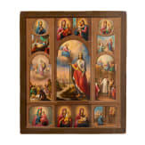 A Russian icon showing Saint Catherine surrounded by twelve images of the Mother of God, 19th century