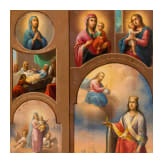 A Russian icon showing Saint Catherine surrounded by twelve images of the Mother of God, 19th century