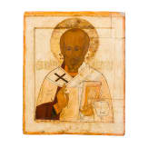 A large Russian icon showing Saint Nicholas of Myra, circa 1600, with overpaintings