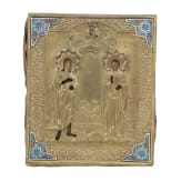 A Russian icon showing Saint John the Baptist and Saint Nicholas with oklad with cloisonn&eacute;-enamel appliques, 19th century