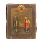 A Russian icon showing Saint John the Baptist and Saint Nicholas with oklad with cloisonn&eacute;-enamel appliques, 19th century
