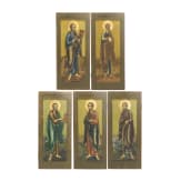 Five large Russian icons showing the Apostles Peter, Judas, Jacob Alpheos, Jacob the Elder and Andreas, 19th century