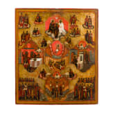 A large and rare Russian multi-partite icon showing the Crucifixion and the Resurrection of Christ, the Coronation of the Mother of God and the Annunciation, circa 1800