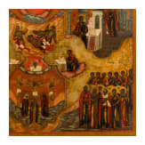 A large and rare Russian multi-partite icon showing the Crucifixion and the Resurrection of Christ, the Coronation of the Mother of God and the Annunciation, circa 1800