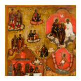 A large and rare Russian multi-partite icon showing the Crucifixion and the Resurrection of Christ, the Coronation of the Mother of God and the Annunciation, circa 1800