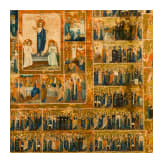 A large Russian menalogical icon with 40 devotional images of the Virgin Mary (year icon), circa 1900