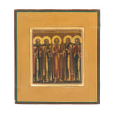 A small Russian icon showing five Saints, circa 1900 (center panel probably added)