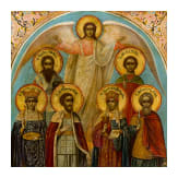 A large Russian icon showing the Guardian Angel and six selected saints, early 20th century