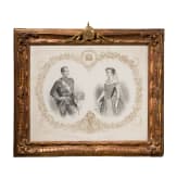 Kaiserin Elisabeth von &Ouml;sterreich und Kaiser Franz Joseph I. - prunkvoll gerahmte Lithografie als Kr&ouml;nungsbild, um 1867
