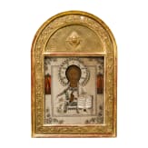 A Russian icon showing Christ Pantokrator with pearl oklad and gilt kiot, late 19th century