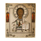 A Russian icon showing Christ Pantokrator with pearl oklad and gilt kiot, late 19th century