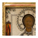 A Russian icon showing Christ Pantokrator with pearl oklad and gilt kiot, late 19th century
