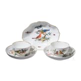 Two porcelain cups with saucers and a small bowl with birds and insects, Meissen, circa 1770/80