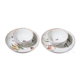 Two porcelain cups with saucers and a small bowl with birds and insects, Meissen, circa 1770/80