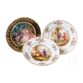 Three porcelain plates, one plate Meissen, circa 1880 (painting later) / two probably Meissen, 19th century