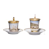 Two porcelain cups with saucers "Schauspielhaus in Berlin" and "Das K&ouml;nigliche Schloss in Berlin", KPM, circa 1840