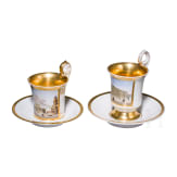 Two porcelain cups with saucers "Schauspielhaus in Berlin" and "Das K&ouml;nigliche Schloss in Berlin", KPM, circa 1840