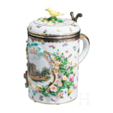 A rare silver-gilt and vermeil porcelain tankard with flowers, birds, insects and a view of Palazzo Pitti in Florence, Meissen, circa 1860