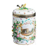 A rare silver-gilt and vermeil porcelain tankard with flowers, birds, insects and a view of Palazzo Pitti in Florence, Meissen, circa 1860