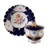 A large cobalt-blue and gold porcelain lidded bowl and plate, Meissen, circa 1950/after 1972