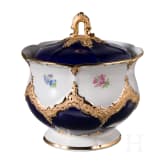 A large cobalt-blue and gold porcelain lidded bowl and plate, Meissen, circa 1950/after 1972
