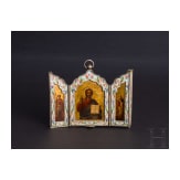 A Russian silver-gilt and cloisonn&eacute;-enamel triptych icon showing Christ Pantokrator, Moscow, Maria Semenova, 1896 - 1908