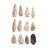 Zw&ouml;lf pal&auml;oindianische Spitzen vom Typ "St. Charles Corner Notch" aus Feuerstein, Nordamerika, Mitte 10. Jtsd. v. Chr. - 9. Jtsd. v. Chr.