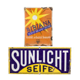 Zwei Reklameschilder (Emailschilder) "Sunlicht Seife" und "Bibiana Sonnenbrand-Creme",1920er Jahre