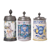 Three pewter-mounted faicene jugs, Bayreuth (one), 2nd half of the 18th century /19th century (one)