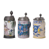 Three pewter-mounted faicene jugs, Bayreuth (one), 2nd half of the 18th century /19th century (one)