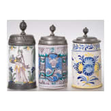 Three pewter-mounted faicene jugs, Bayreuth (one), 2nd half of the 18th century /19th century (one)