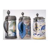 Three pewter-mounted faicene jugs, Bayreuth (one), 2nd half of the 18th century /19th century (one)