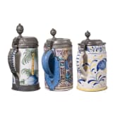 Three pewter-mounted faicene jugs, Bayreuth (one), 2nd half of the 18th century /19th century (one)