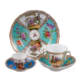 A porcelain cholocate cup with saucer, a mocha cup with saucer and a plate, Dresden, Helena Wolfsohn, late 19th century
