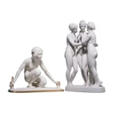 A biscuit porcelain group "Three Graces", Katzh&uuml;tte, Hertwig & Co., 1920-40, and a kneeling porcelain nude, Berthold Boes (design), Volkstedt, Ens, 20th century