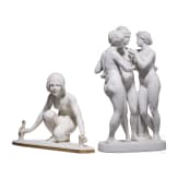 A biscuit porcelain group "Three Graces", Katzh&uuml;tte, Hertwig & Co., 1920-40, and a kneeling porcelain nude, Berthold Boes (design), Volkstedt, Ens, 20th century