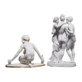 A biscuit porcelain group "Three Graces", Katzh&uuml;tte, Hertwig & Co., 1920-40, and a kneeling porcelain nude, Berthold Boes (design), Volkstedt, Ens, 20th century