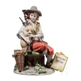 Two Italian biscuit porcelain figures (couple) of a boy with bagpipe and a girl feeding a goat, Benaccio (design), Capodimonte, Triade, 20th century