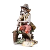 Two Italian biscuit porcelain figures (couple) of a boy with bagpipe and a girl feeding a goat, Benaccio (design), Capodimonte, Triade, 20th century