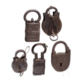 Five German and Asian iron padlocks, circa 1800