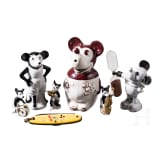 Six German porcelain Mickey Mouse figures and a pocket knife, 1920/30s