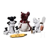Six German porcelain Mickey Mouse figures and a pocket knife, 1920/30s