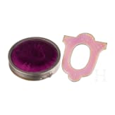 A silver and guilloche enamel miniature photo frame and a plated pill box, circa 1920