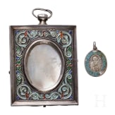 A Russian miniature silver and cloisonn&eacute; enamel frame and a miniature silver icon pendant showing Saint Sergey of Radonezh and the Mother of God with Christ, circa 1900