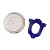 A silver and guilloche enamel miniature photo frame and a plated pill box, circa 1920