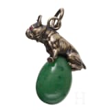 A Russian silver-mounted nephrite egg-pendant with bulldog, 20th century