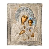 A Russian icon showing the Tikhvinskaya Mother of God with silver oklad with cloisonn&eacute;-enamel halos, circa 1900 (icon), St. Petersburg, Andrey Artamanov, 1899-1908 (oklad)