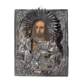 A small Russian icon showing Christ and the Eucharist with silver oklad, 19th century (icon), Moscow, 1858 (oklad)