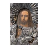 A small Russian icon showing Christ and the Eucharist with silver oklad, 19th century (icon), Moscow, 1858 (oklad)